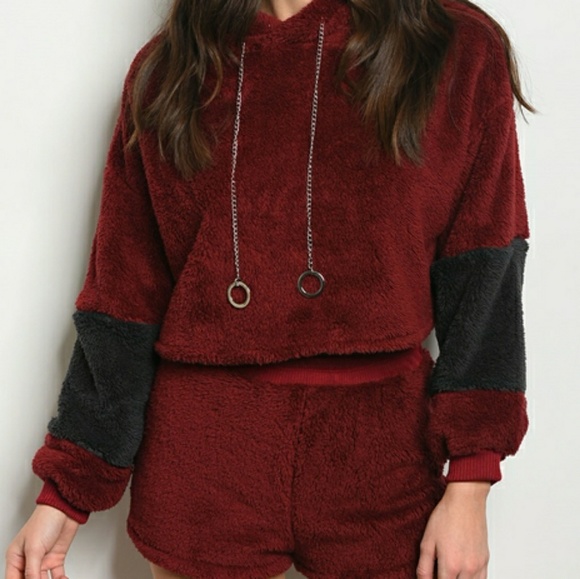 HELLO MISS PLUSH BURGUNDY HOODIE SWEATER & SHORTS SETS - Picture 4 of 11